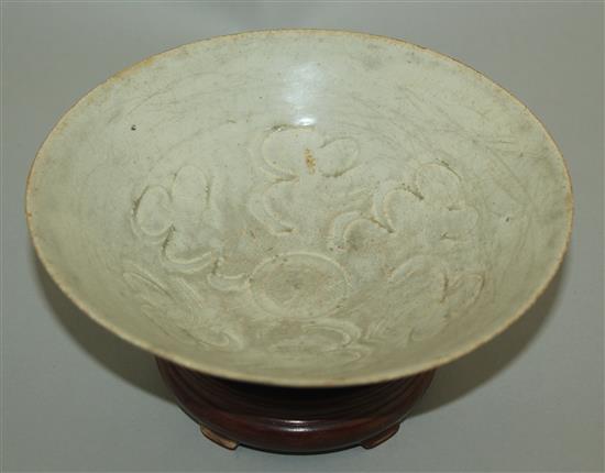 A Chinese Yingqing conical shaped bowl, Song dynasty, 17.5cm, wear to glaze